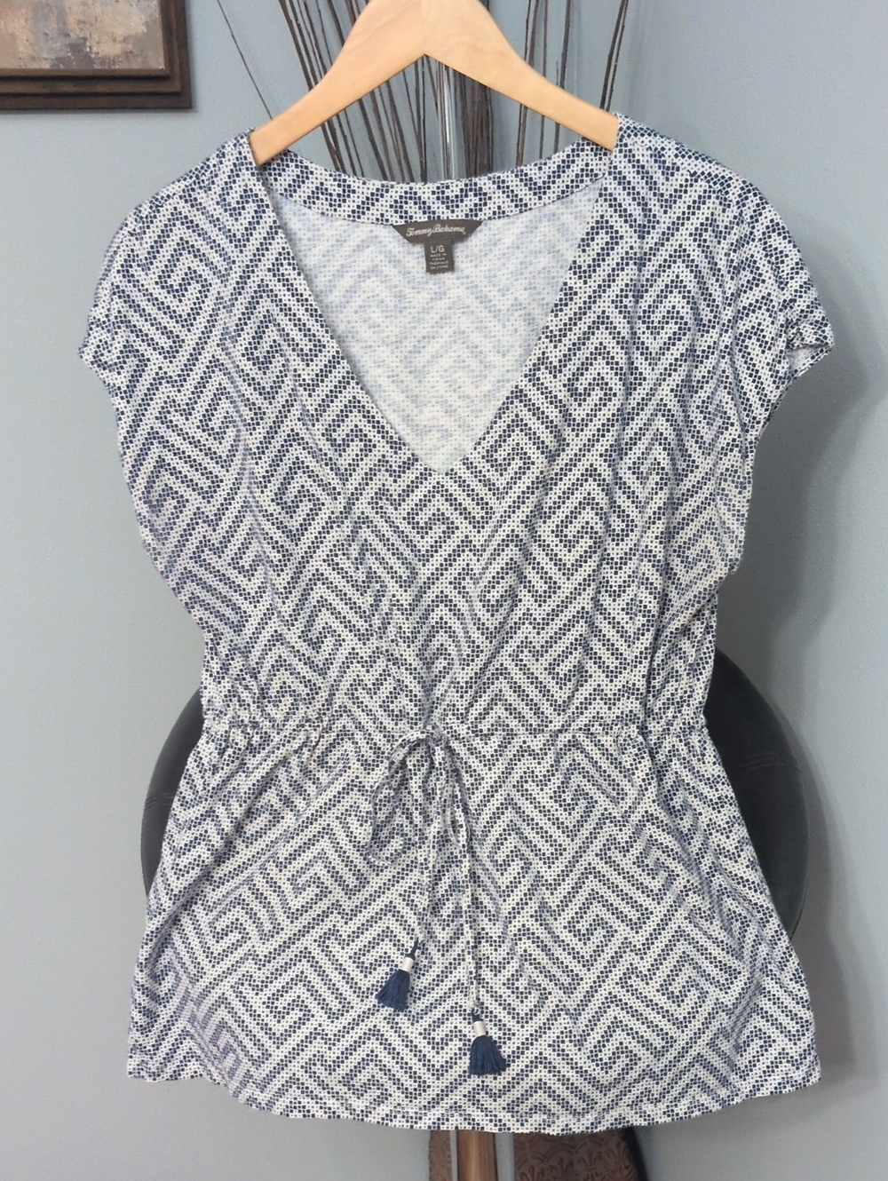 Tommy Bahama Navy & White Geometric V-Neck Drawstring Tunic